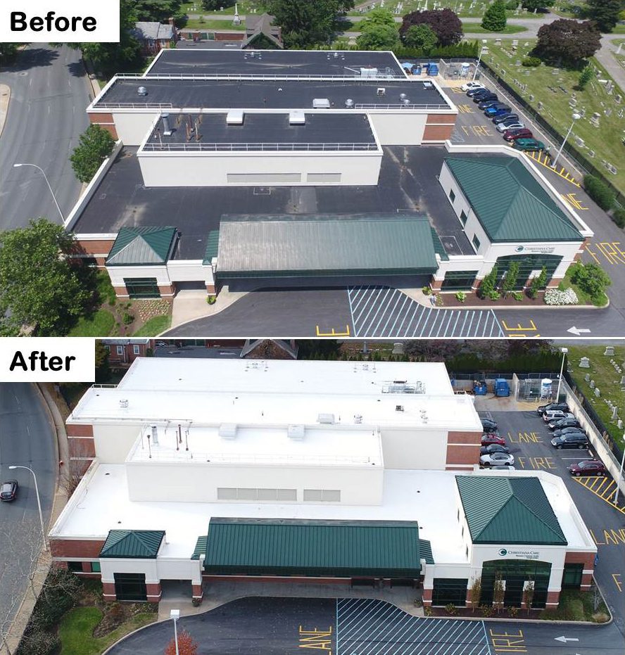 Roof coating before and after - the after photo demonstrates a type of cool roofing systems