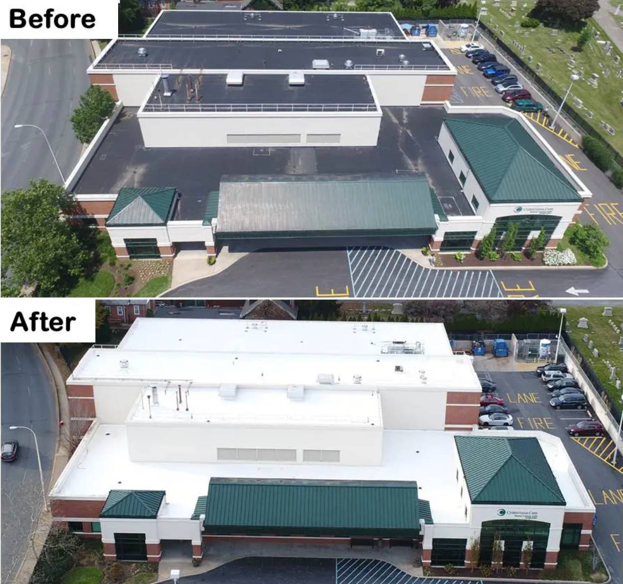 GSM Roof Coating completed before and after roof coating image.