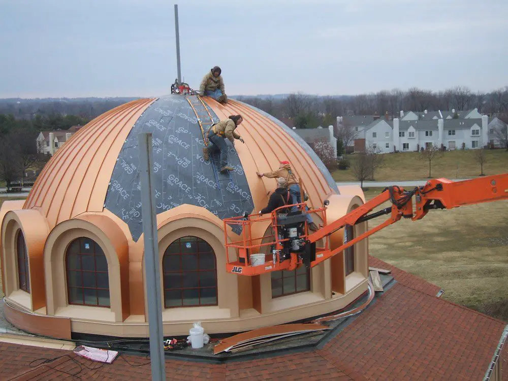 Metal roofing installation at St. Sophia Greek Orthodox Church
